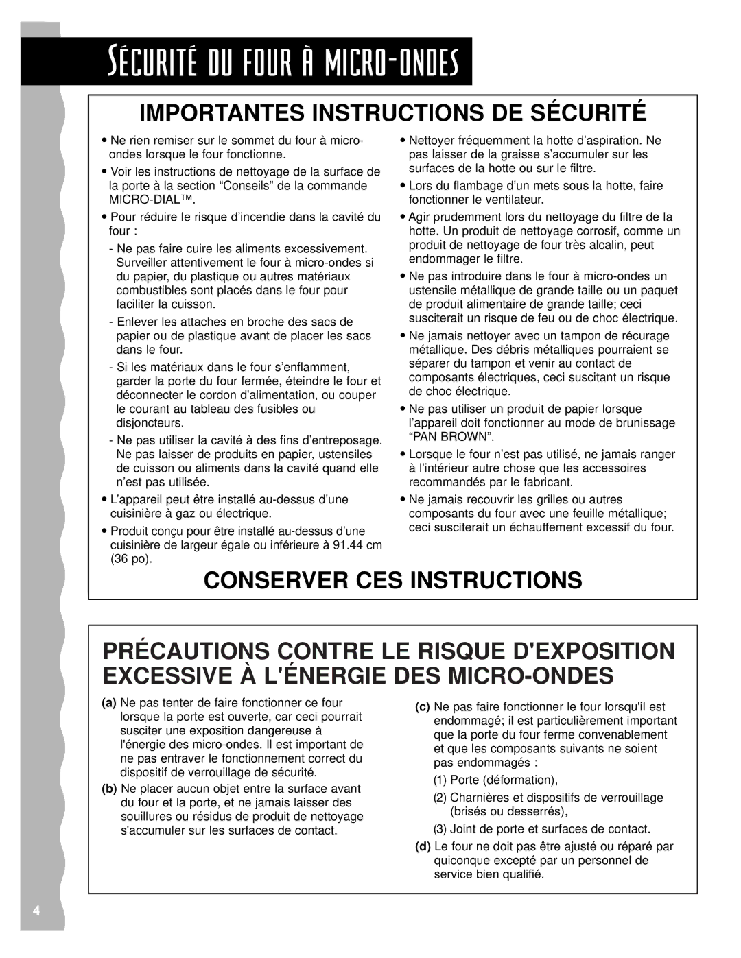 Whirlpool YKHMS147H installation instructions SŽcuritŽ du four ˆ micro-ondes, Importantes Instructions DE Sécurité 