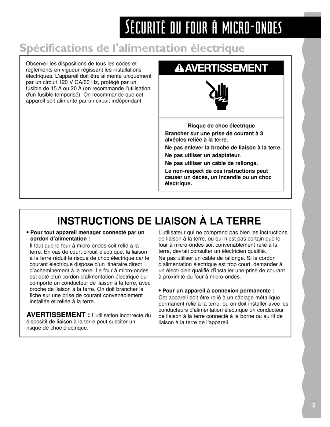 Whirlpool YKHMS147H installation instructions SŽcuritŽ du four ˆ micro-ondes, Spécifications de lalimentation électrique 