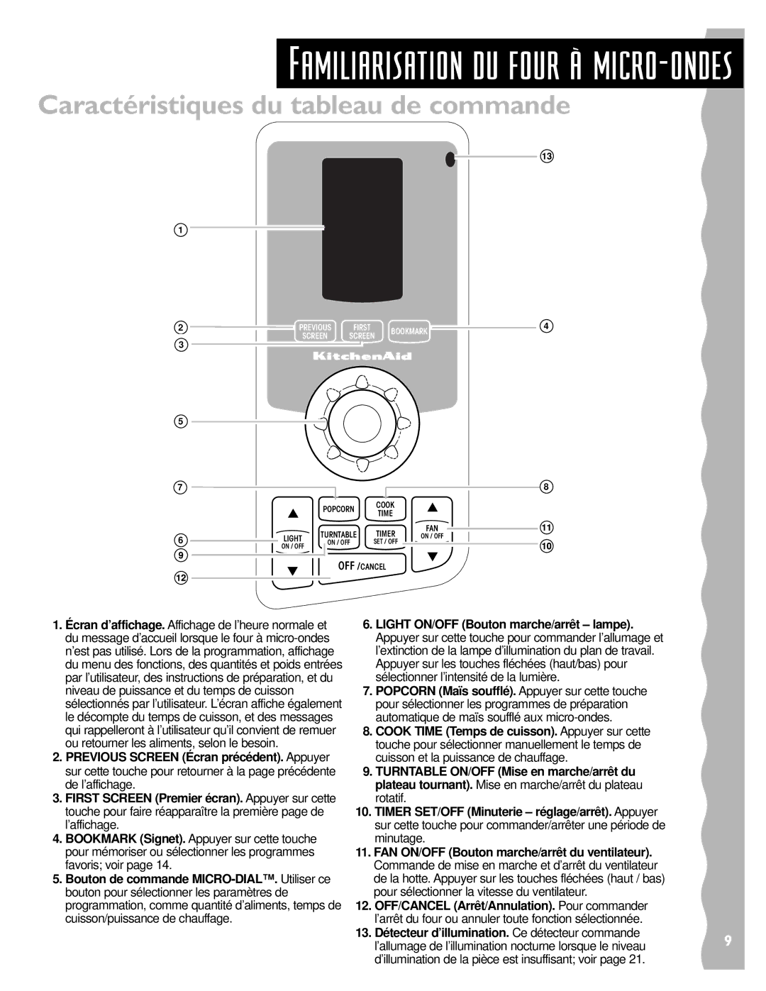 Whirlpool YKHMS147H installation instructions Caractéristiques du tableau de commande 