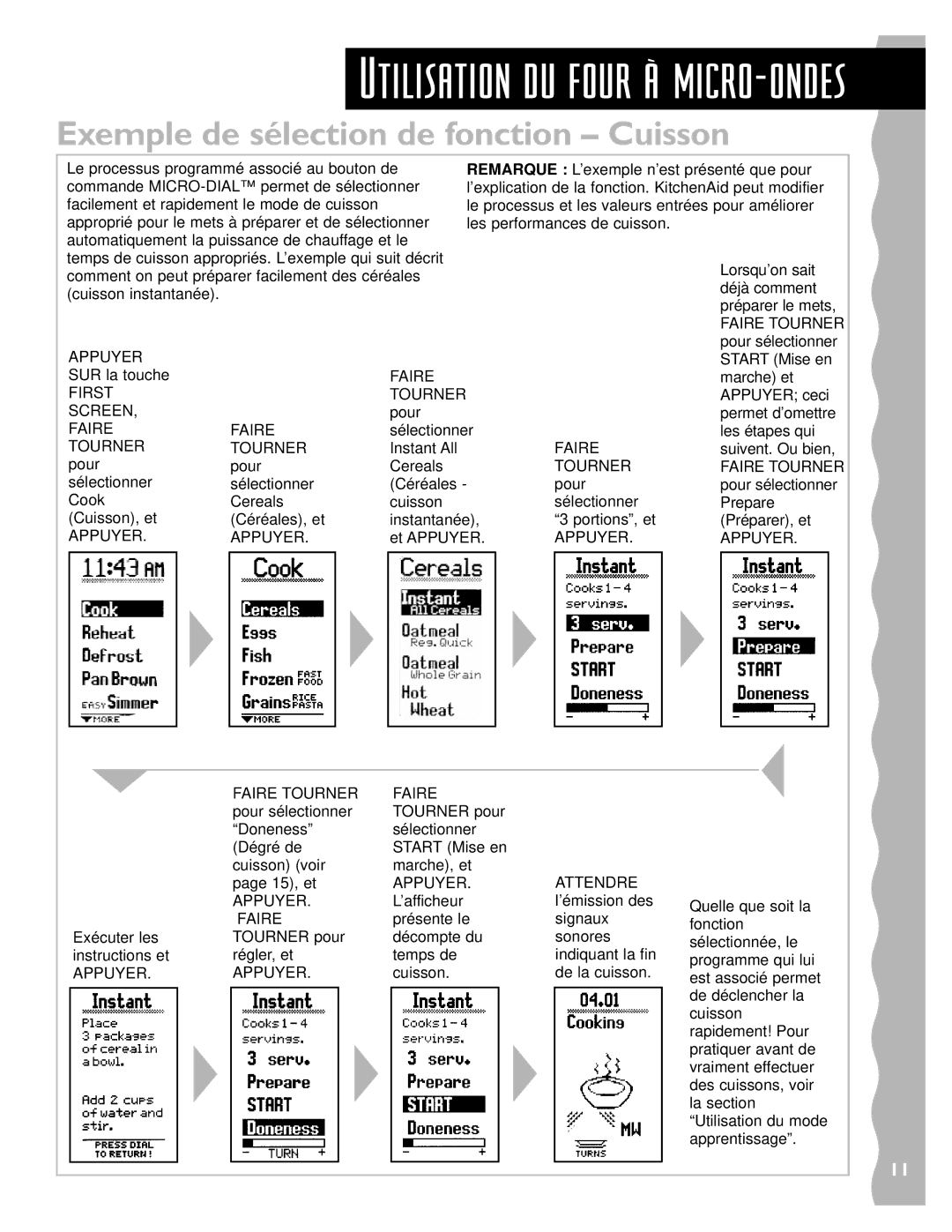 Whirlpool YKHMS147H installation instructions Utilisation du four ˆ micro-ondes, Exemple de sélection de fonction Cuisson 