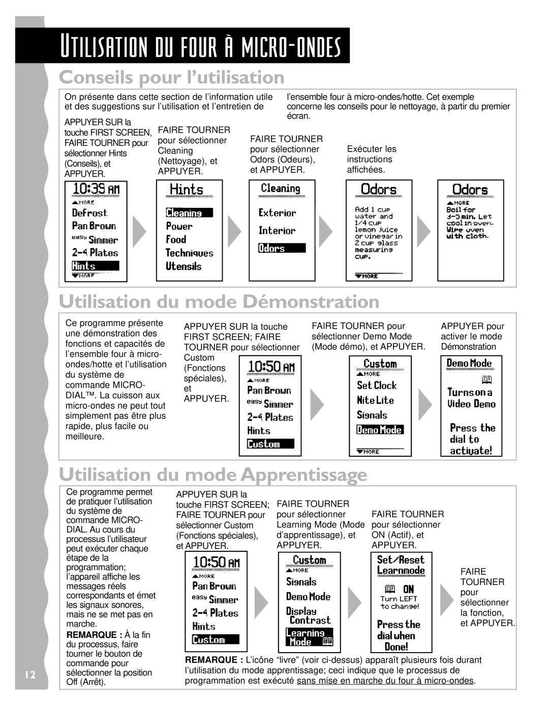 Whirlpool YKHMS147H Conseils pour l’utilisation, Utilisation du mode Démonstration, Utilisation du mode Apprentissage 