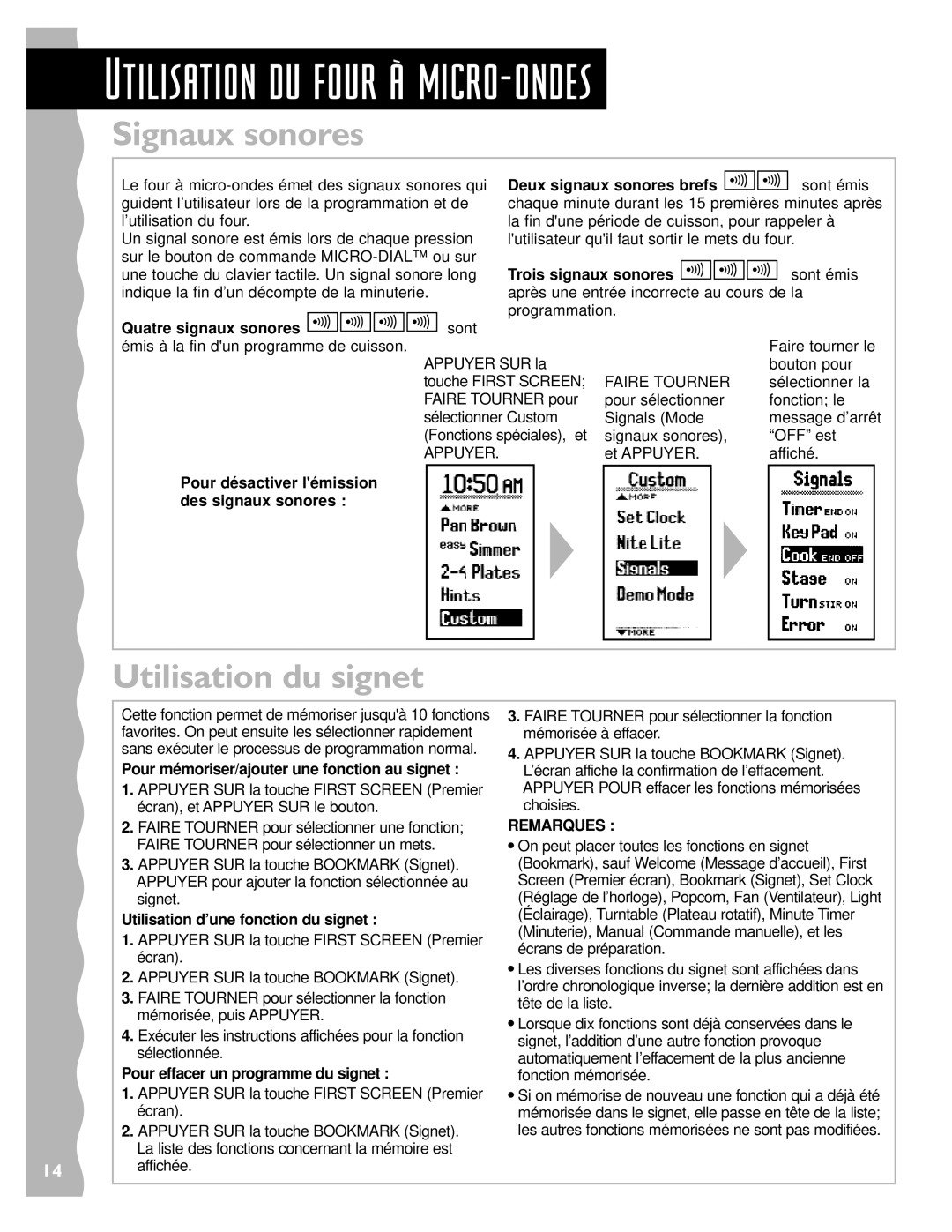 Whirlpool YKHMS147H installation instructions Signaux sonores, Utilisation du signet 