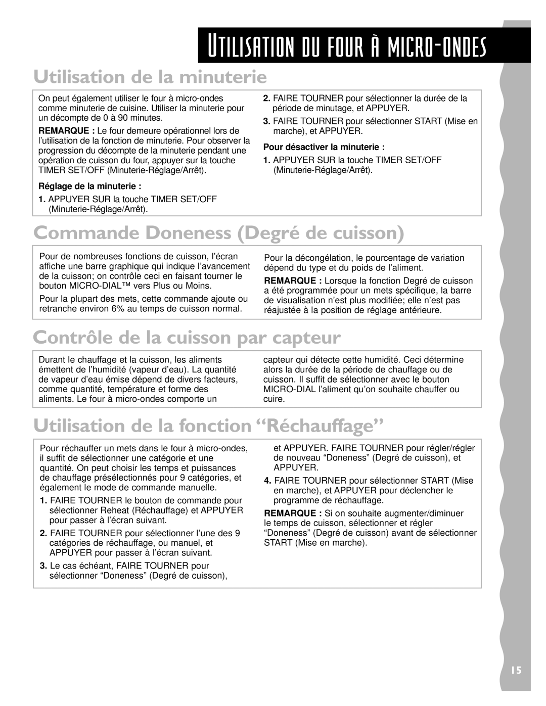 Whirlpool YKHMS147H Utilisation de la minuterie, Commande Doneness Degré de cuisson, Contrôle de la cuisson par capteur 