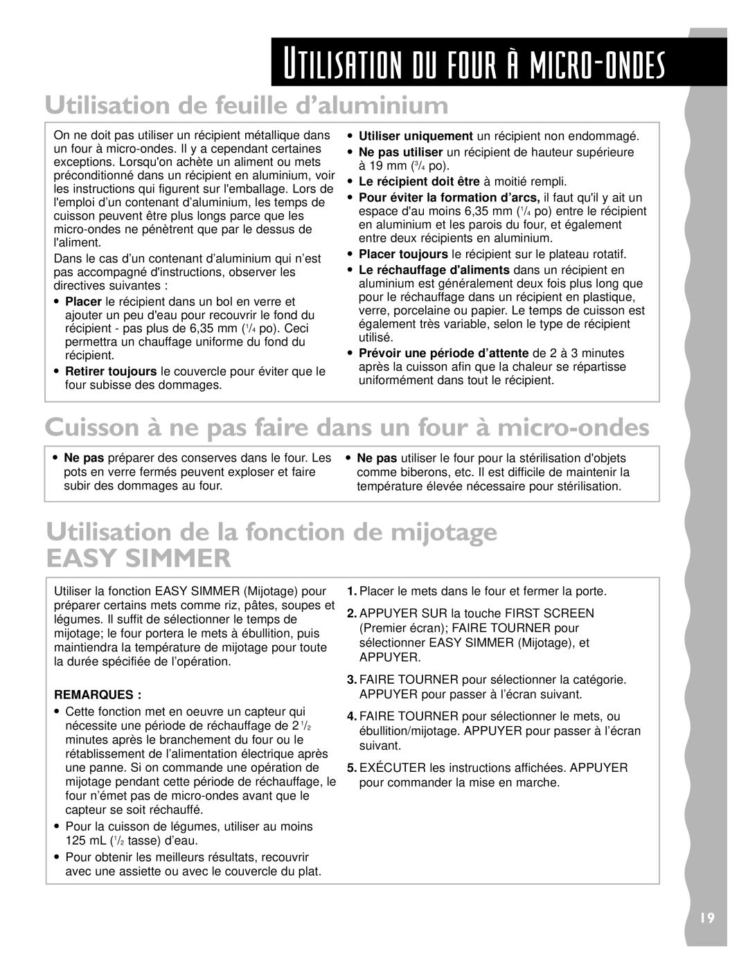 Whirlpool YKHMS147H Utilisation de feuille d’aluminium, Cuisson à ne pas faire dans un four à micro-ondes 