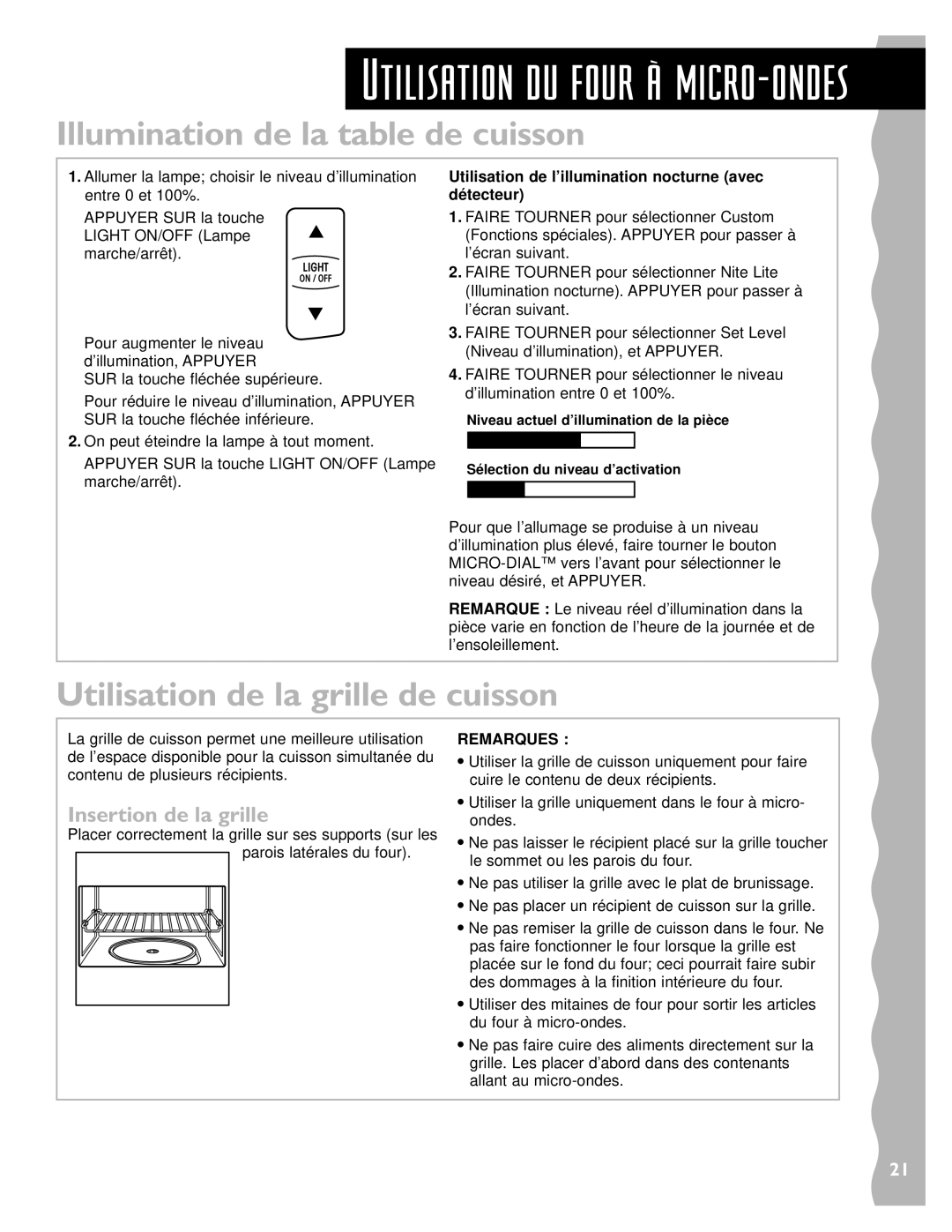 Whirlpool YKHMS147H Illumination de la table de cuisson, Utilisation de la grille de cuisson, Insertion de la grille 