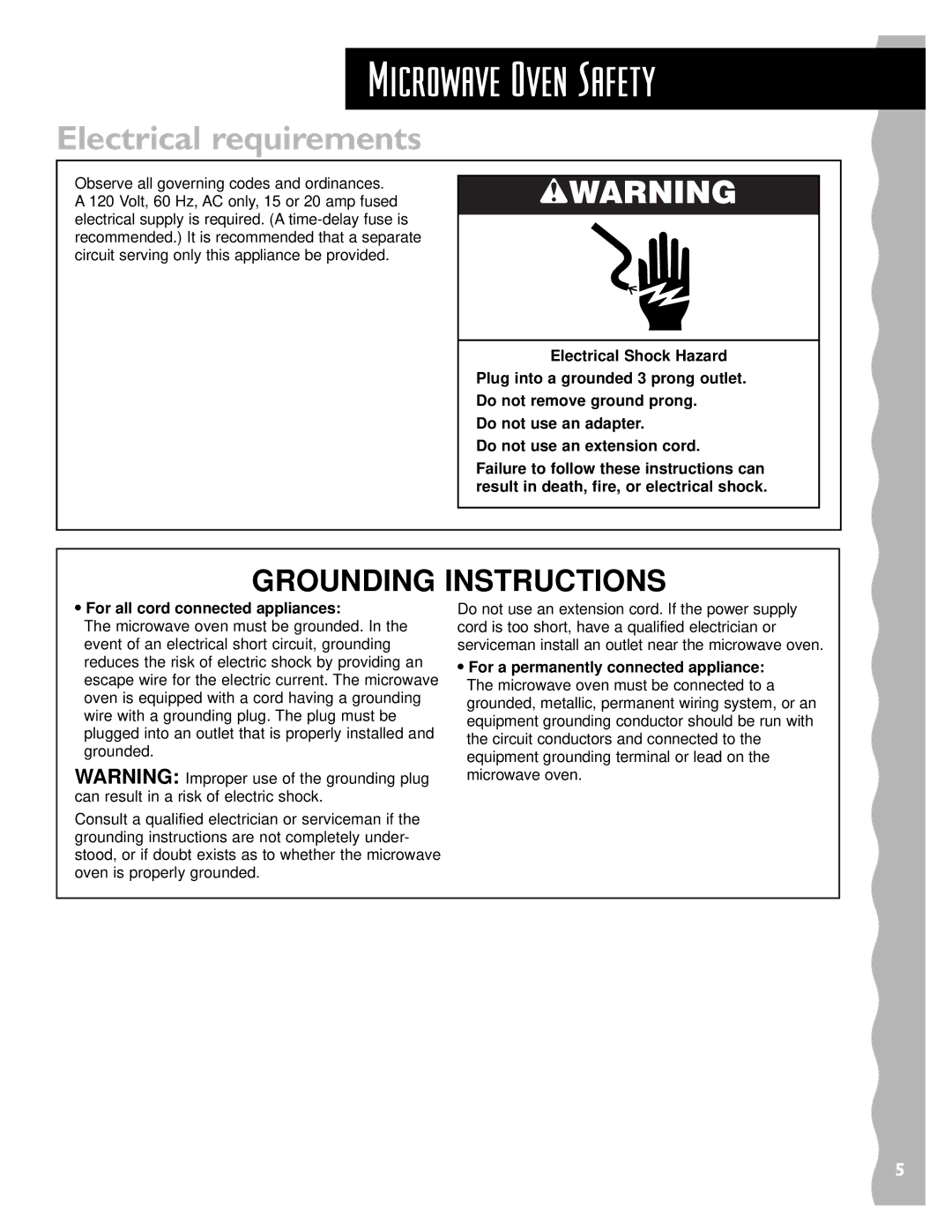 Whirlpool YKHMS147H installation instructions Electrical requirements, For all cord connected appliances 