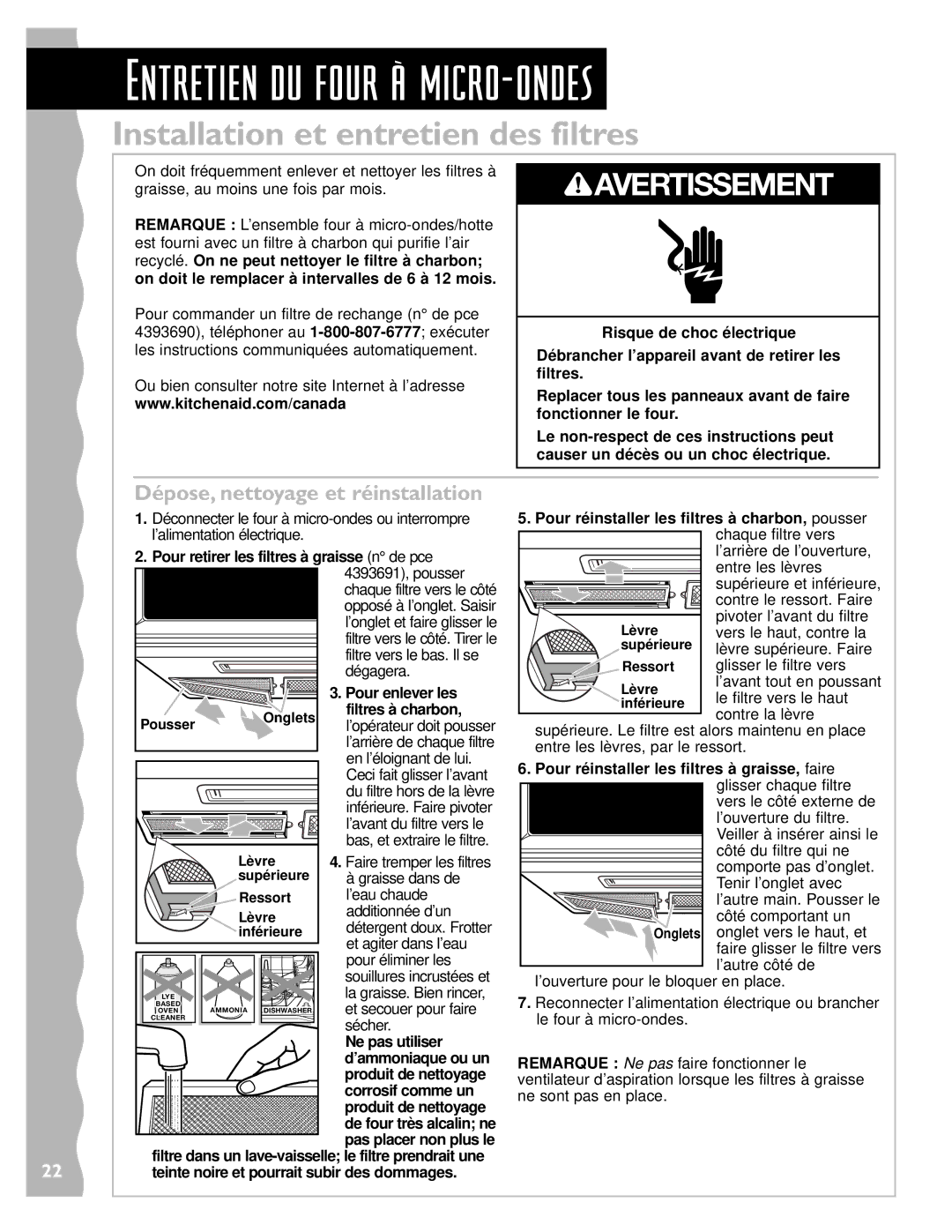 Whirlpool YKHMS147H installation instructions Entretien du four ˆ micro-ondes, Installation et entretien des filtres 