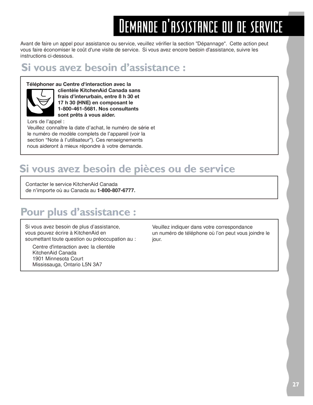 Whirlpool YKHMS147H installation instructions Demande dÕassistance ou de service 