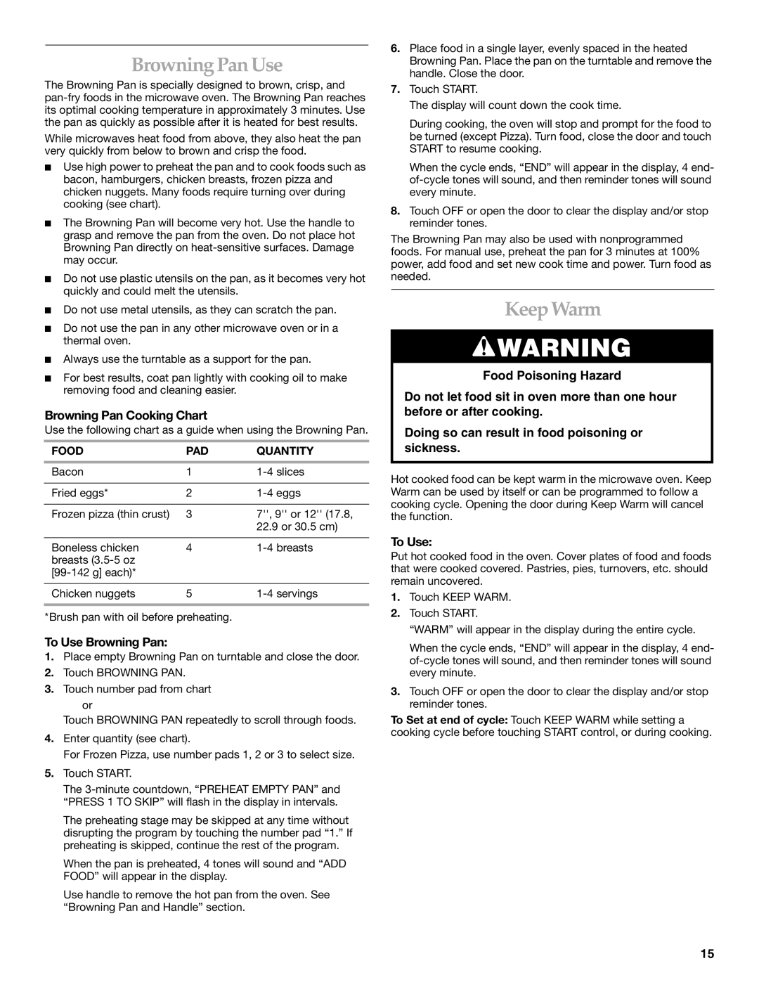 Whirlpool YKHMS175M manual Browning Pan Use, Keep Warm, Browning Pan Cooking Chart, To Use Browning Pan 