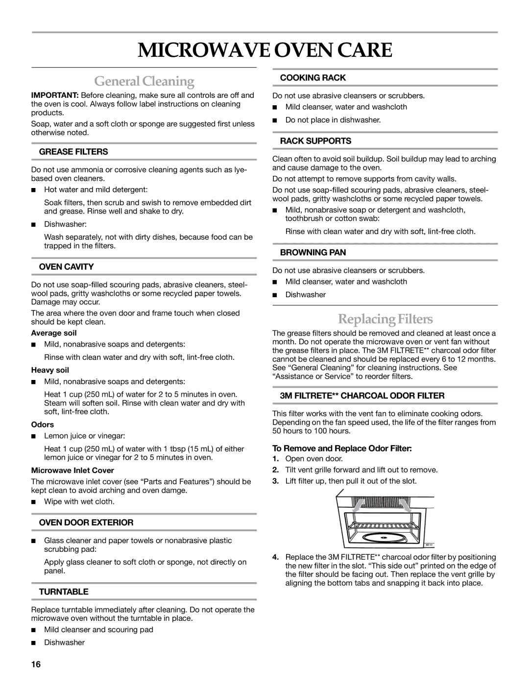 Whirlpool YKHMS175M manual Microwave Oven Care, General Cleaning, Replacing Filters, To Remove and Replace Odor Filter 