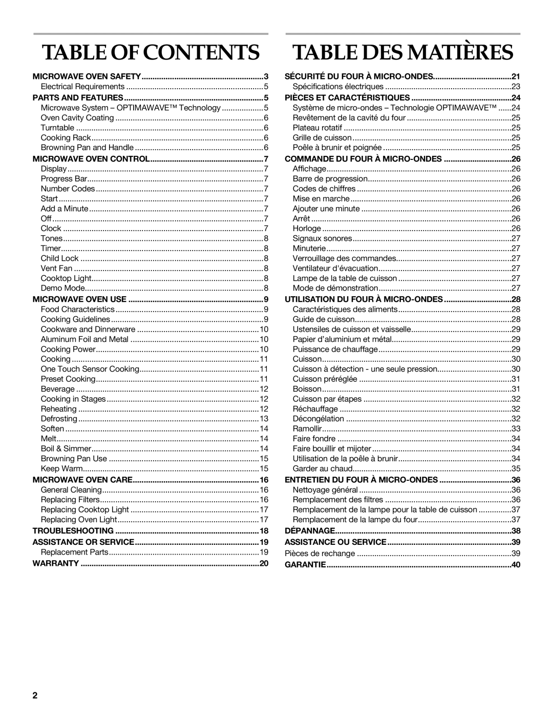 Whirlpool YKHMS175M manual Table of Contents, Table DES Matières 