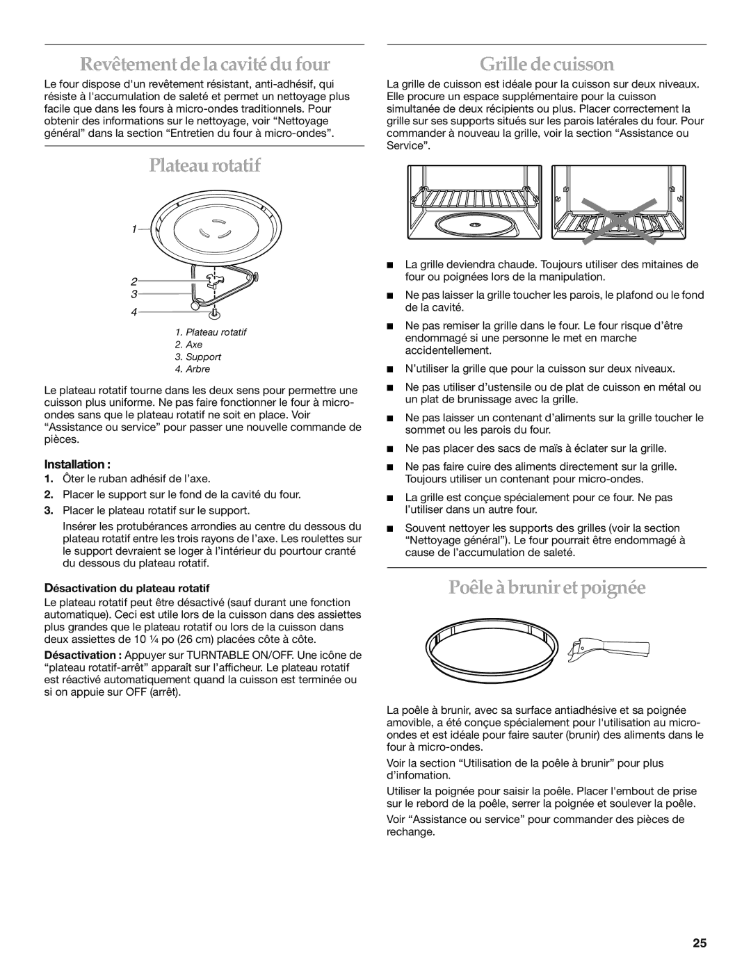 Whirlpool YKHMS175M manual Revêtement de la cavité du four, Plateau rotatif, Grille de cuisson, Poêle à brunir et poignée 