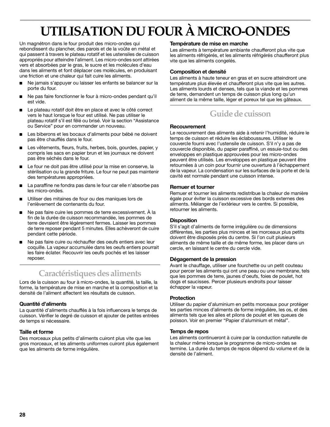 Whirlpool YKHMS175M manual Utilisation DU Four À MICRO-ONDES, Caractéristiques des aliments, Guide de cuisson 