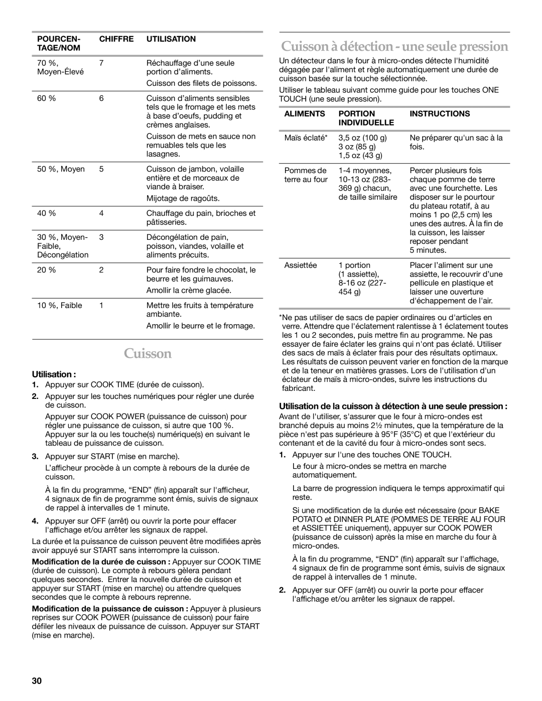 Whirlpool YKHMS175M Cuisson à détection une seule pression, Utilisation, Aliments Portion Instructions Individuelle 