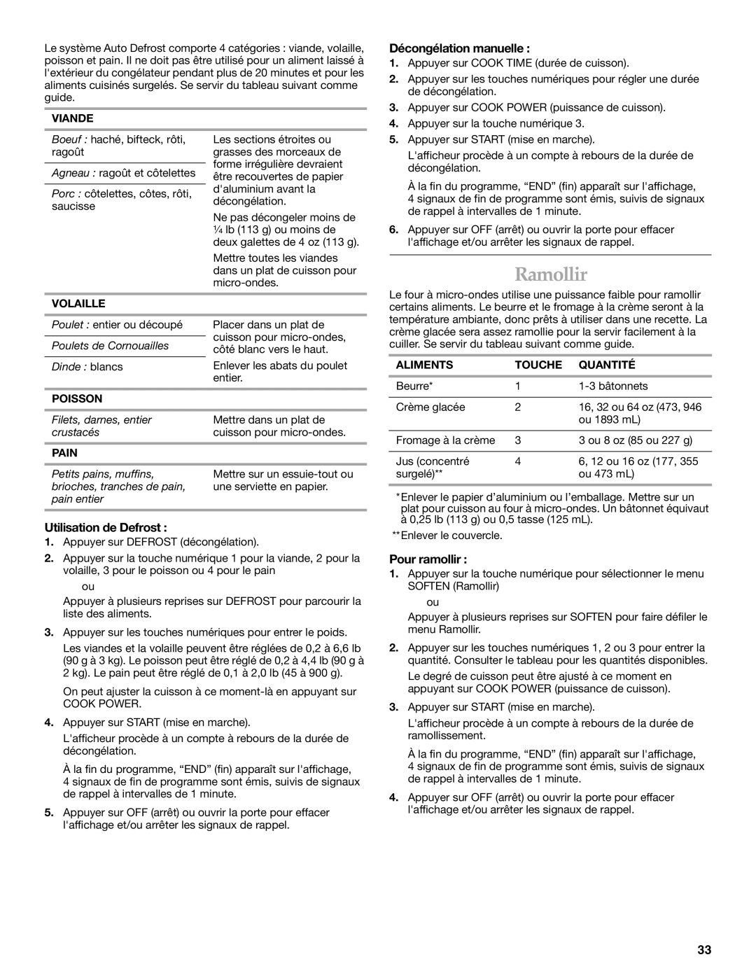 Whirlpool YKHMS175M manual Ramollir, Décongélation manuelle, Utilisation de Defrost, Pour ramollir 