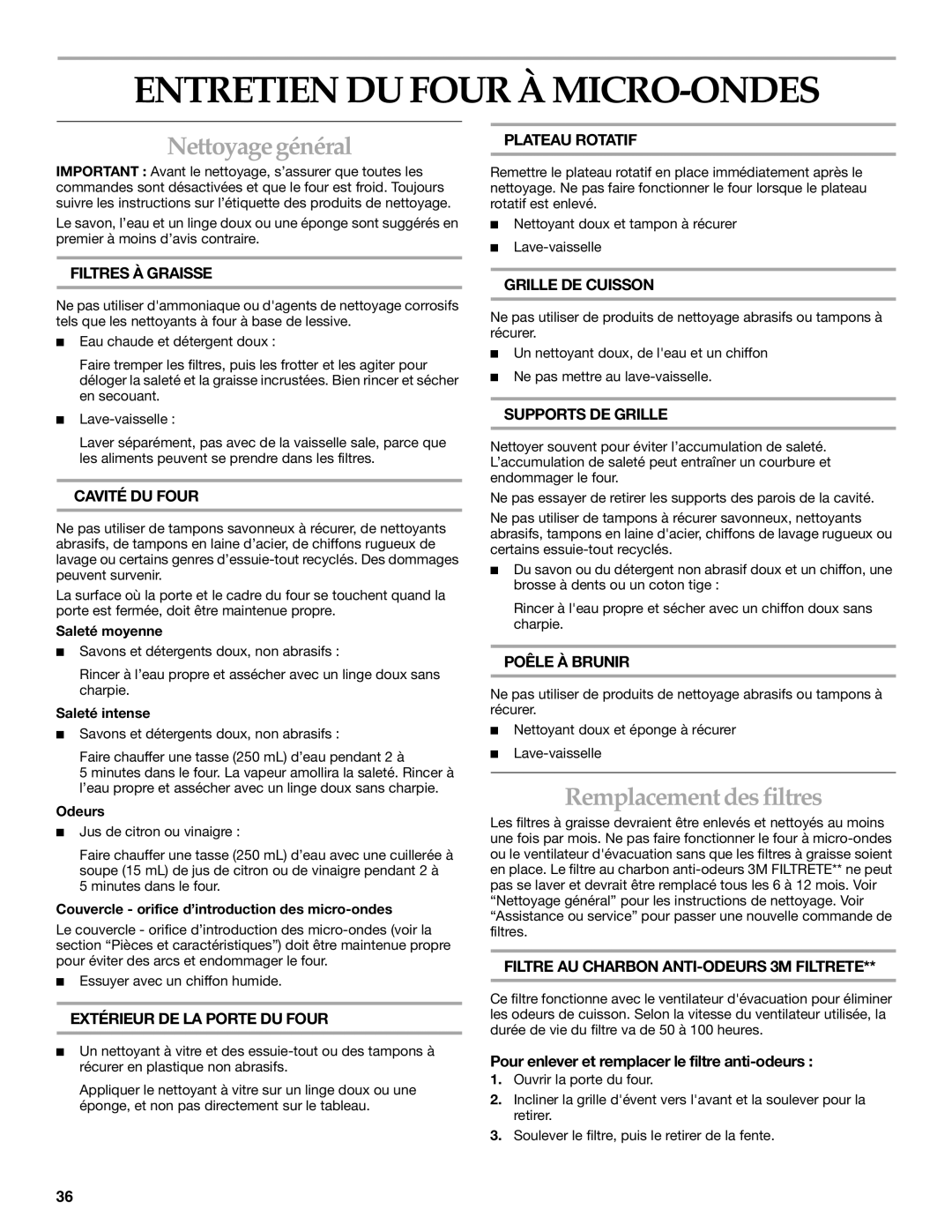 Whirlpool YKHMS175M manual Entretien DU Four À MICRO-ONDES, Nettoyage général, Remplacement des filtres 