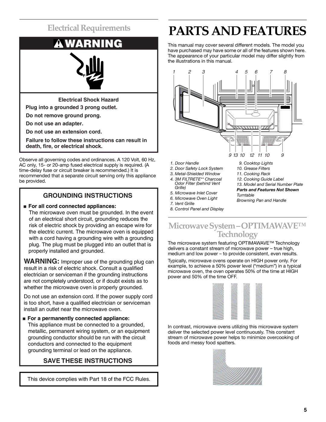 Whirlpool YKHMS175M manual Parts and Features, Electrical Requirements, MicrowaveSystem-OPTIMAWAVE Technology 