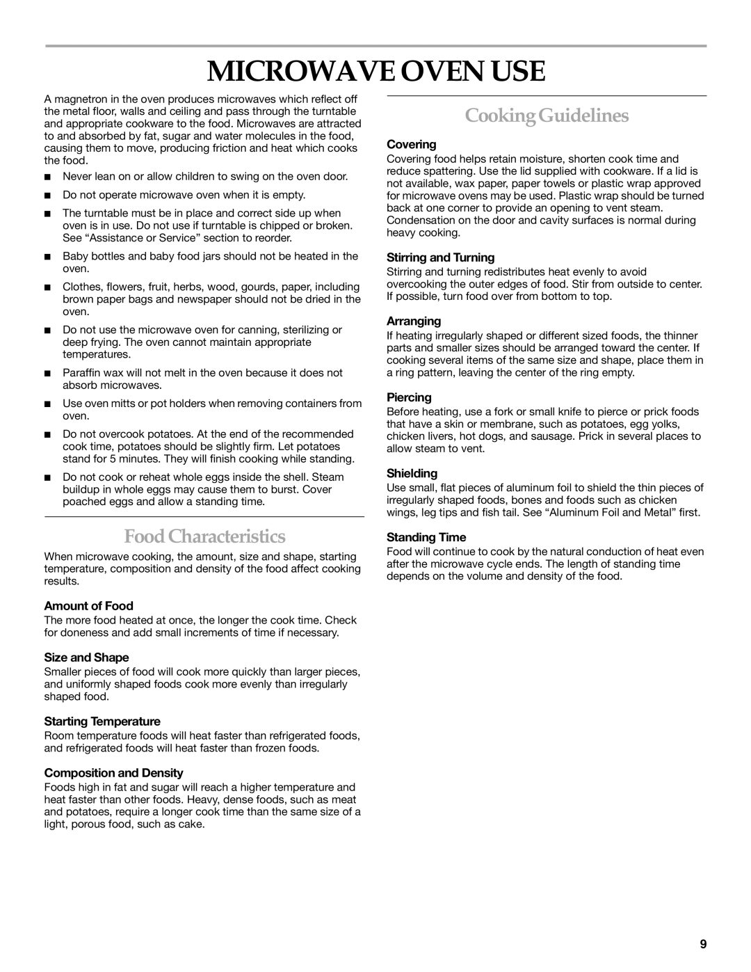 Whirlpool YKHMS175M manual Microwave Oven USE, CookingGuidelines, Food Characteristics 