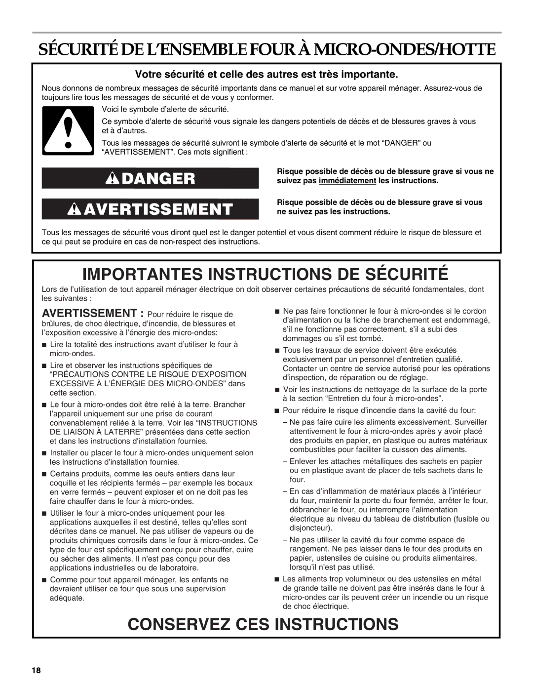 Whirlpool YKHMS1850S manual Sécuritéde L’ENSEMBLEFOURÀMICRO-ONDES/HOTTE 