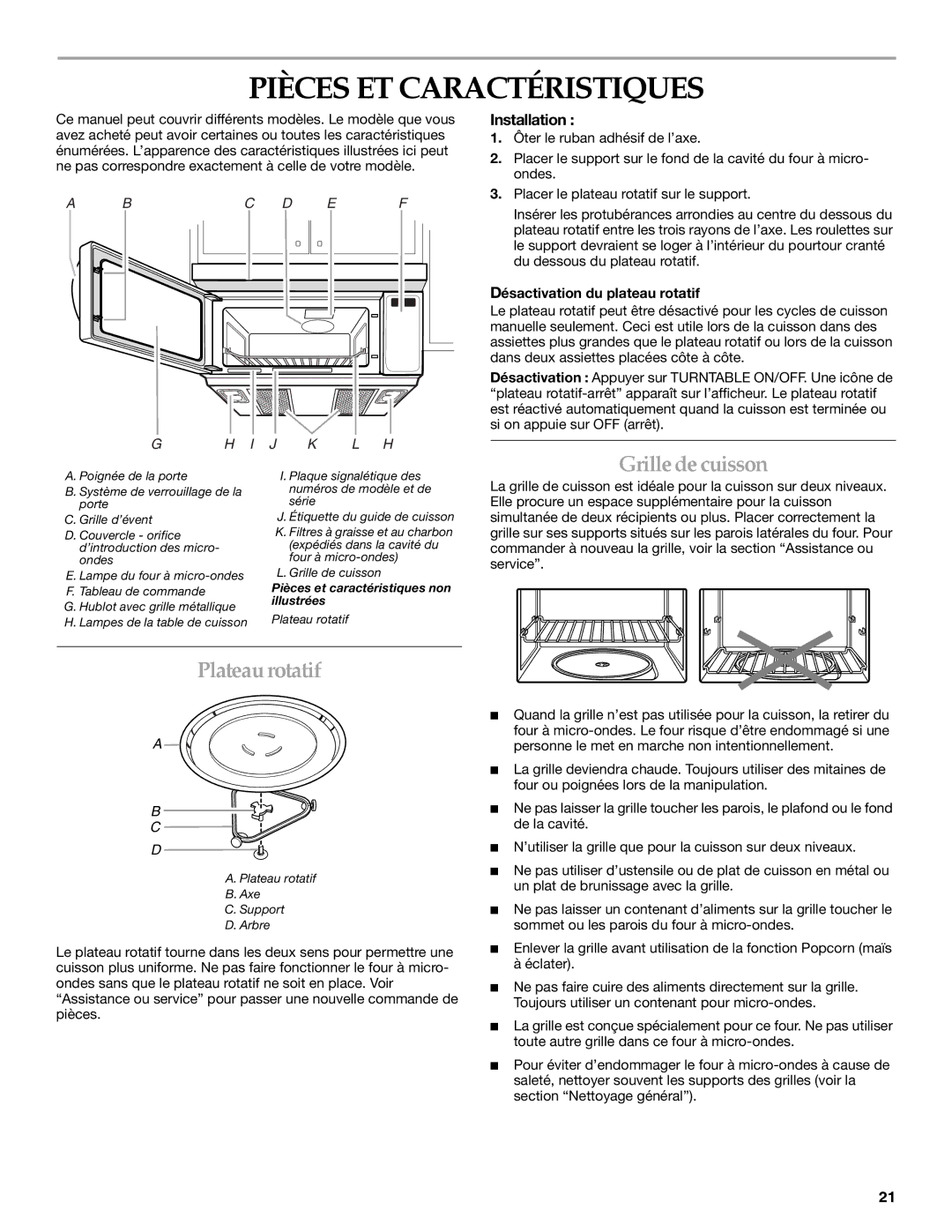 Whirlpool YKHMS1850S manual Pièces ET Caractéristiques, Grilledecuisson, Plateaurotatif, Installation 