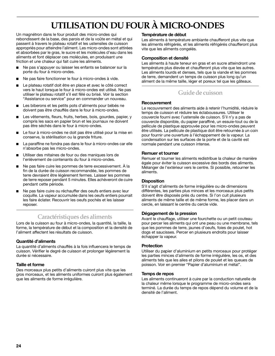 Whirlpool YKHMS1850S manual Utilisation DU Four À MICRO-ONDES, Guidedecuisson, Caractéristiquesdesaliments 