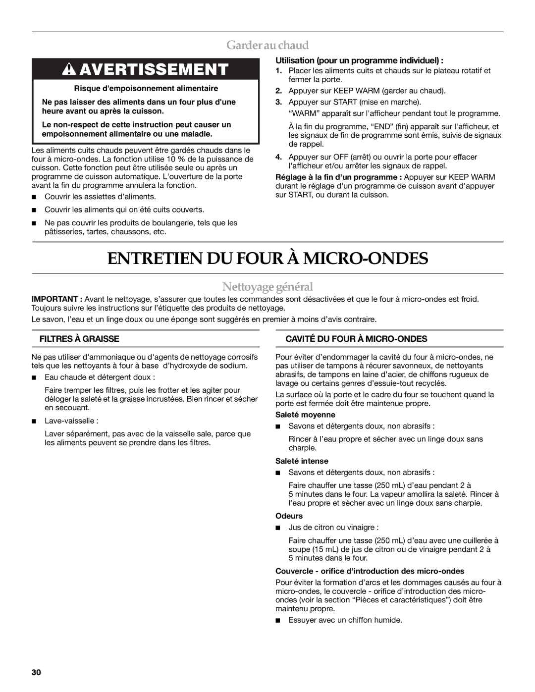 Whirlpool YKHMS1850S manual Entretien DU Four À MICRO-ONDES, Garderauchaud, Nettoyagegénéral 