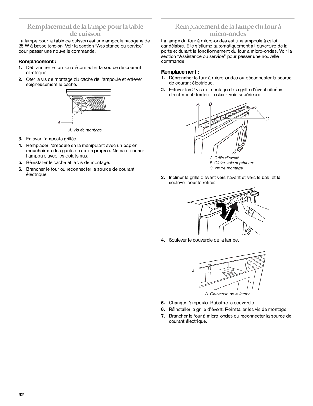 Whirlpool YKHMS1850S manual Remplacementdelalampepourlatable De cuisson, Remplacementdelalampedufourà Micro­ondes 