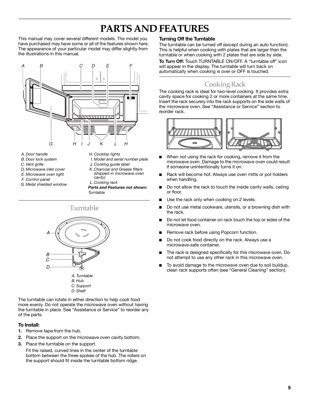 Whirlpool YKHMS1850S manual Parts and Features, CookingRack, Turning Off the Turntable, To Install 