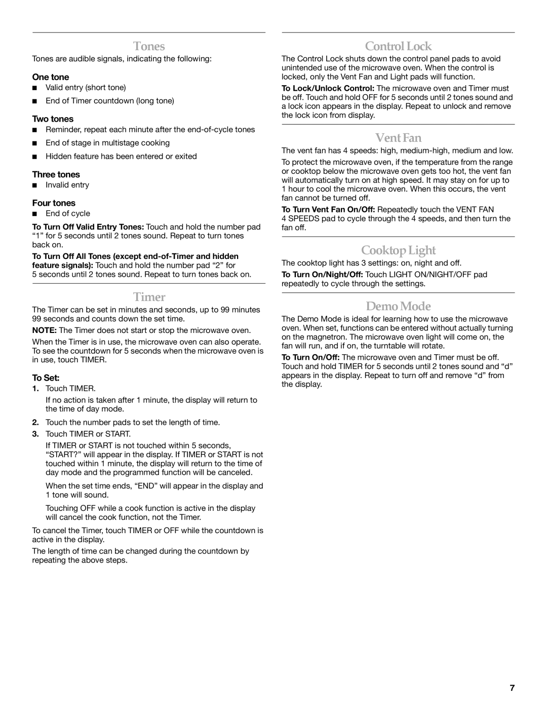 Whirlpool YKHMS1850S manual Tones, Timer, ControlLock, VentFan, CooktopLight, DemoMode 