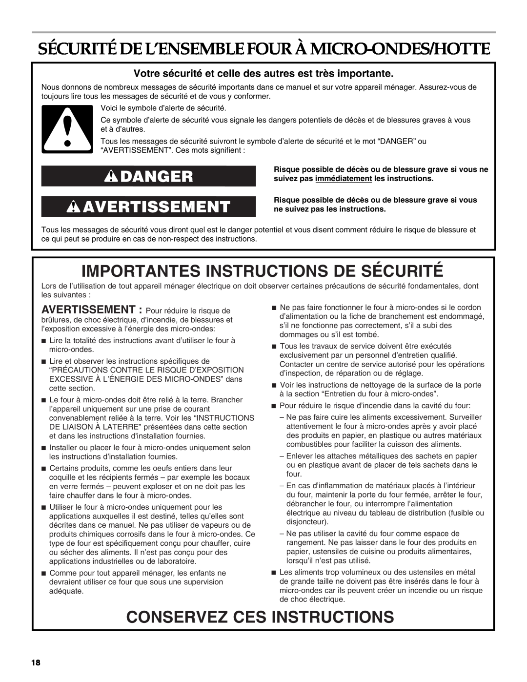 Whirlpool YKHMS1850S manual Importantes Instructions De Sécurité, Conservez Ces Instructions, Danger Avertissement 