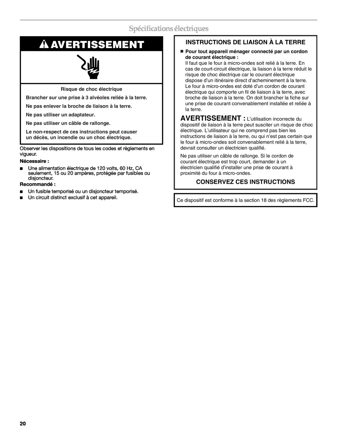 Whirlpool YKHMS1850S manual Avertissement, Spécificationsélectriques, Instructions De Liaison À La Terre 