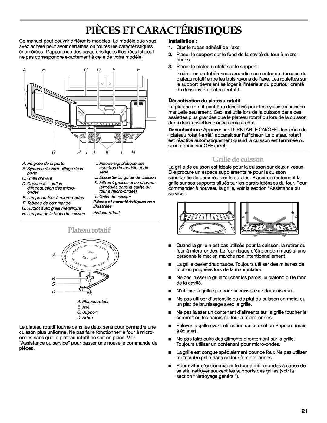 Whirlpool YKHMS1850S manual Pièces Et Caractéristiques, Grilledecuisson, Plateaurotatif, Installation, A Bc D E F, A B C D 