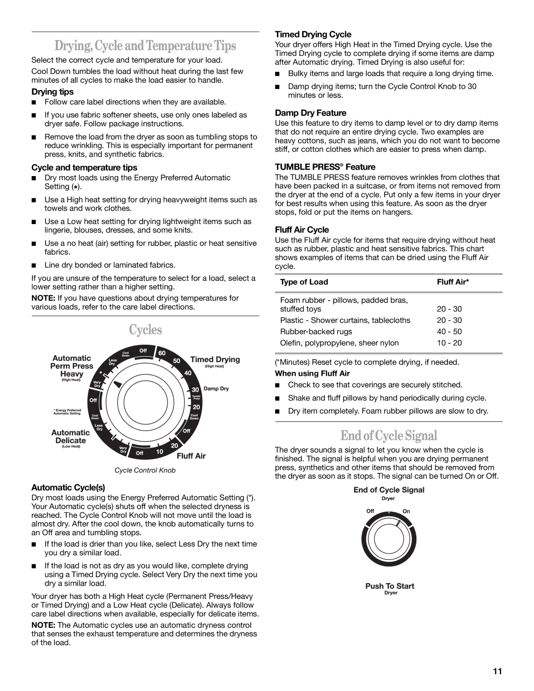 Whirlpool YLTE6234DQ0 manual Drying, Cycle and Temperature Tips, Cycles, End of Cycle Signal 