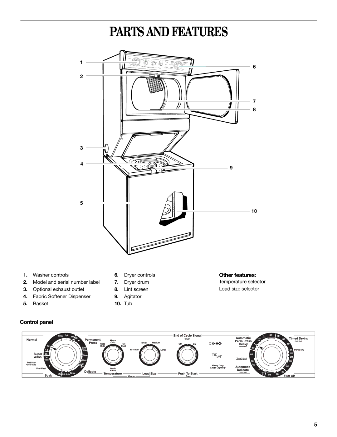 Whirlpool YLTE6234DQ0 manual Parts and Features, Other features, Control panel 