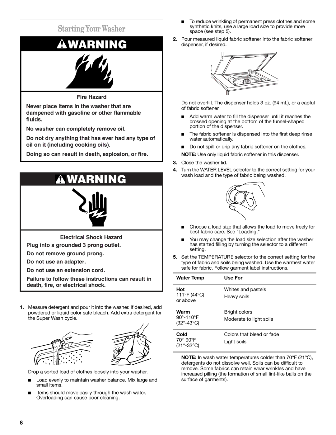 Whirlpool YLTE6234DQ0 manual Starting Your Washer, Water Temp Use For Hot, Warm, Cold 