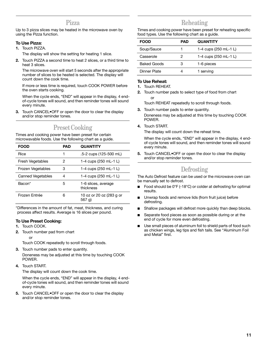 Whirlpool YMH1141XM manual Pizza, Preset Cooking, Reheating, Defrosting 