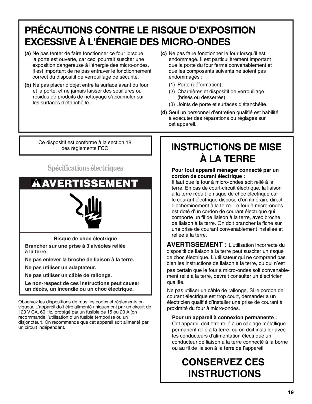 Whirlpool YMH1141XM manual Avertissement, Spécifications électriques 