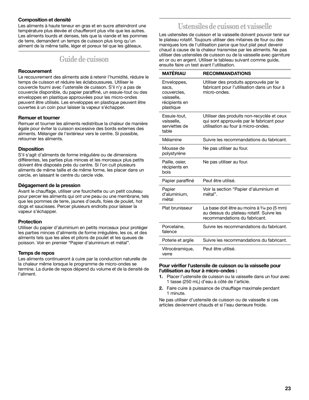 Whirlpool YMH1141XM manual Guide de cuisson, Ustensiles de cuisson et vaisselle 