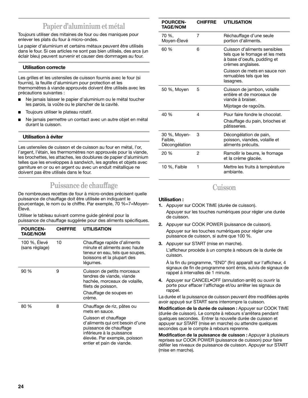 Whirlpool YMH1141XM manual Papier d’aluminium et métal, Puissance de chauffage, Cuisson 