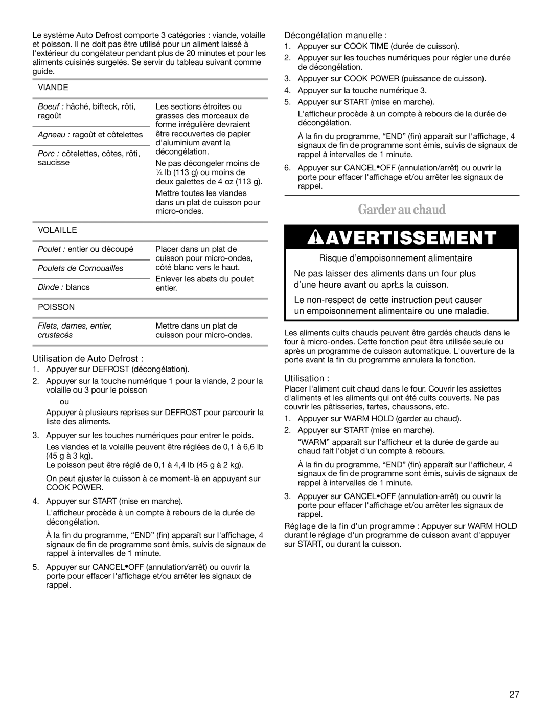 Whirlpool YMH1141XM manual Garder au chaud, Décongélation manuelle, Utilisation de Auto Defrost, Viande, Volaille 