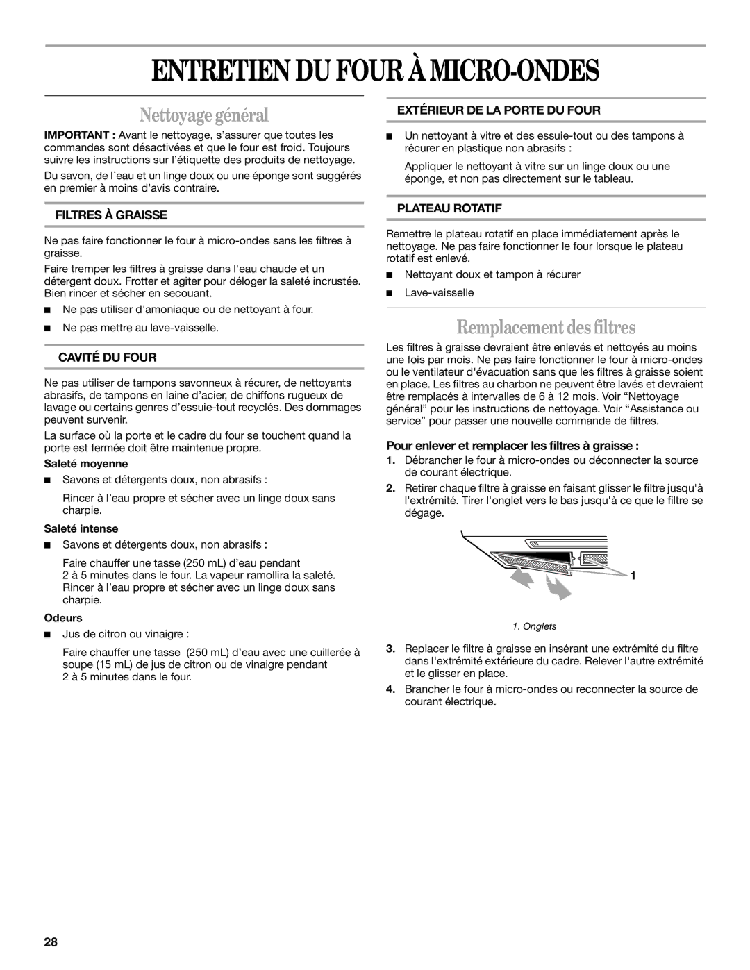 Whirlpool YMH1141XM manual Entretien DU Four À MICRO-ONDES, Nettoyage général, Remplacement des filtres 