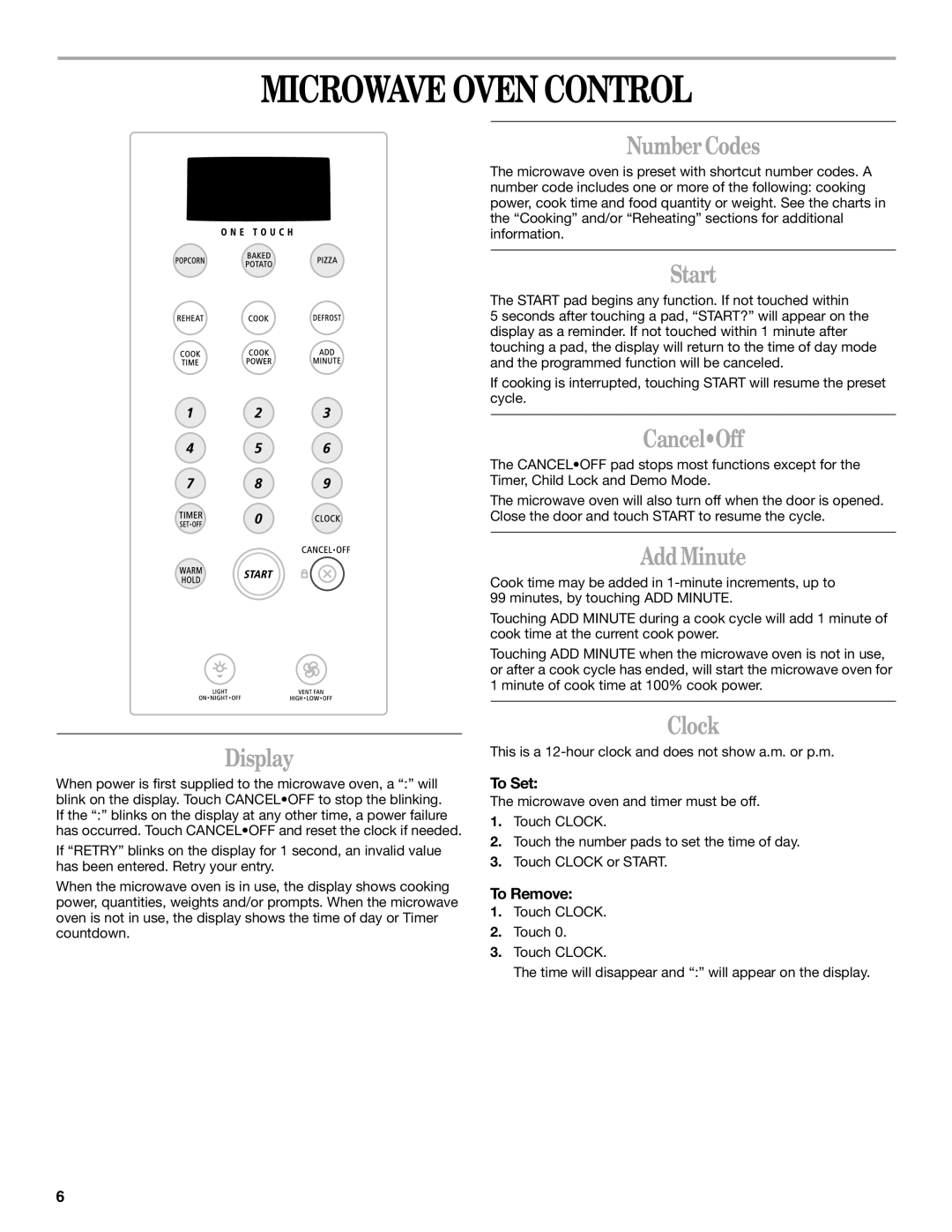 Whirlpool YMH1141XM manual Microwave Oven Control 