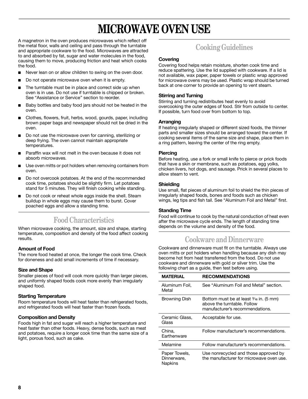 Whirlpool YMH1141XM manual Microwave Oven USE, Food Characteristics, Cooking Guidelines, Cookware and Dinnerware 