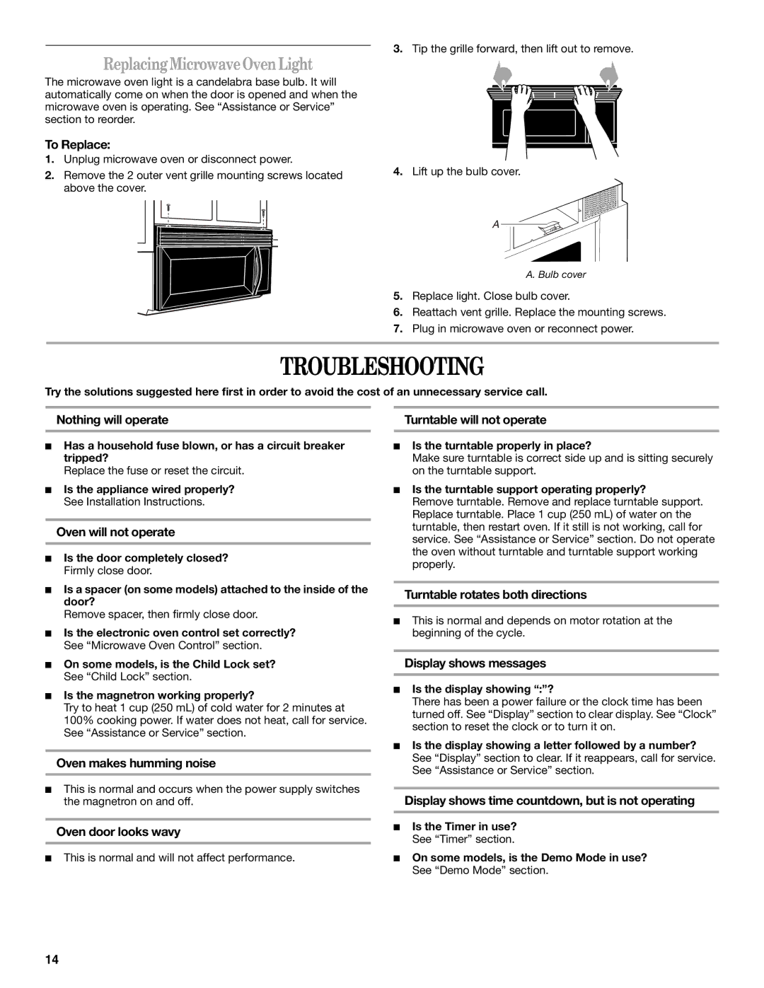 Whirlpool YMH7155XM manual Troubleshooting, Replacing Microwave OvenLight 