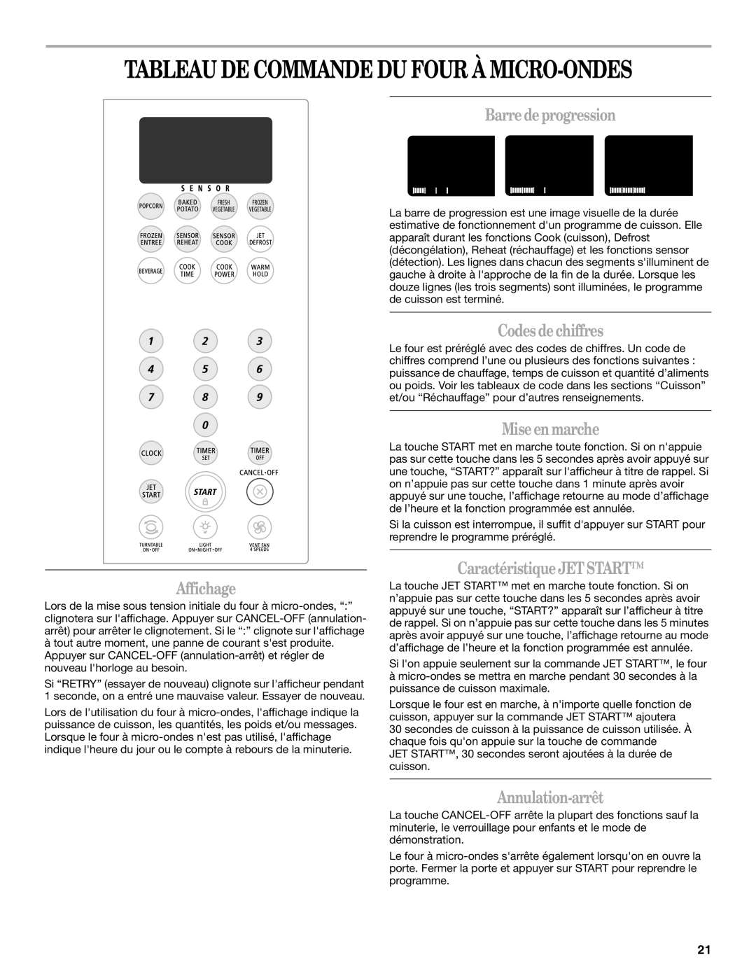 Whirlpool YMH7155XM manual Affichage, Barre de progression, Codes de chiffres, Mise en marche, CaractéristiqueJET Start 