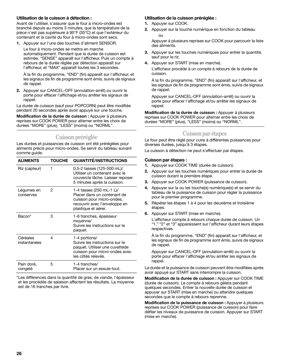 Whirlpool YMH7155XM manual Cuisson préréglée, Cuissonpar étapes, Utilisation de la cuisson à détection, Cuisson par étapes 