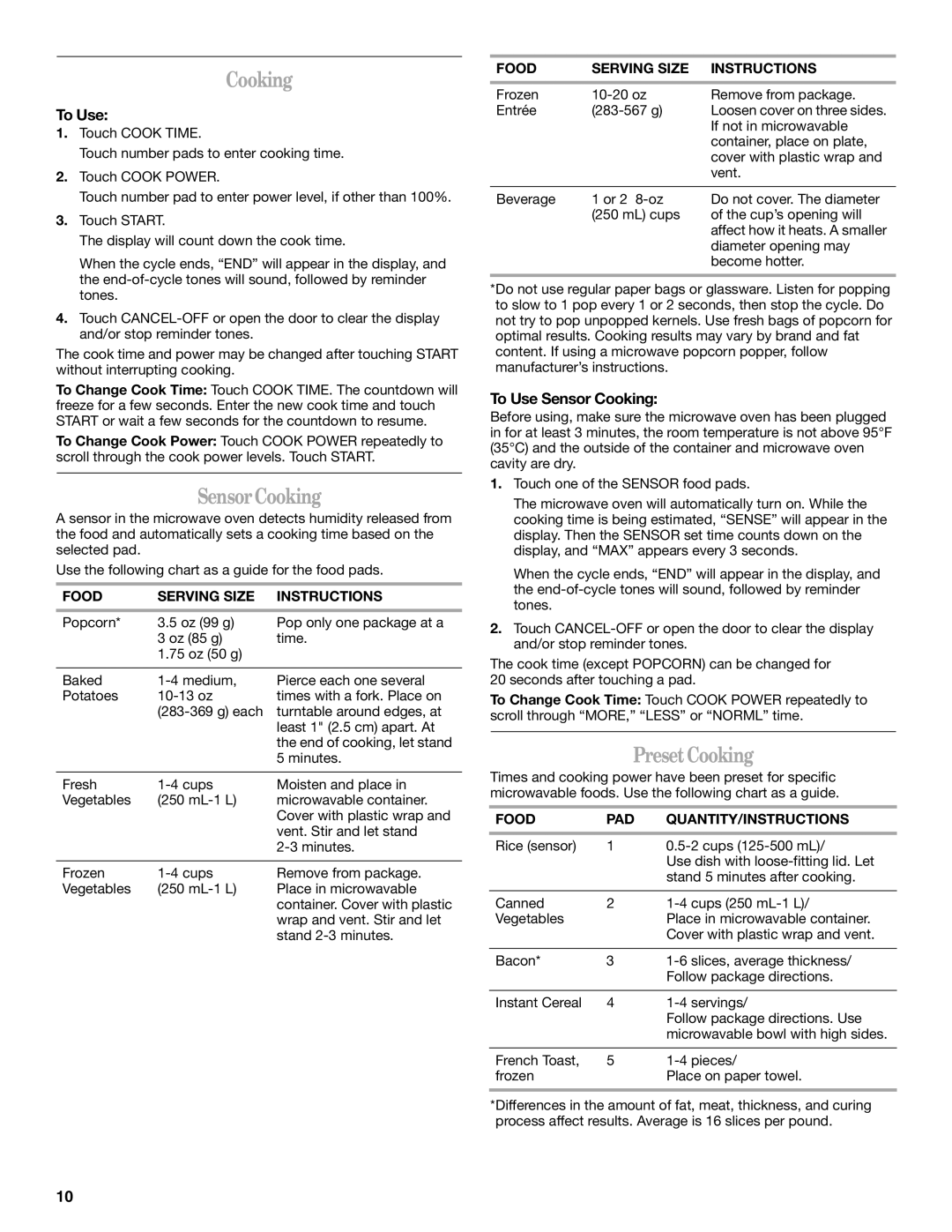 Whirlpool YMH7155XM manual Preset Cooking, To Use Sensor Cooking 