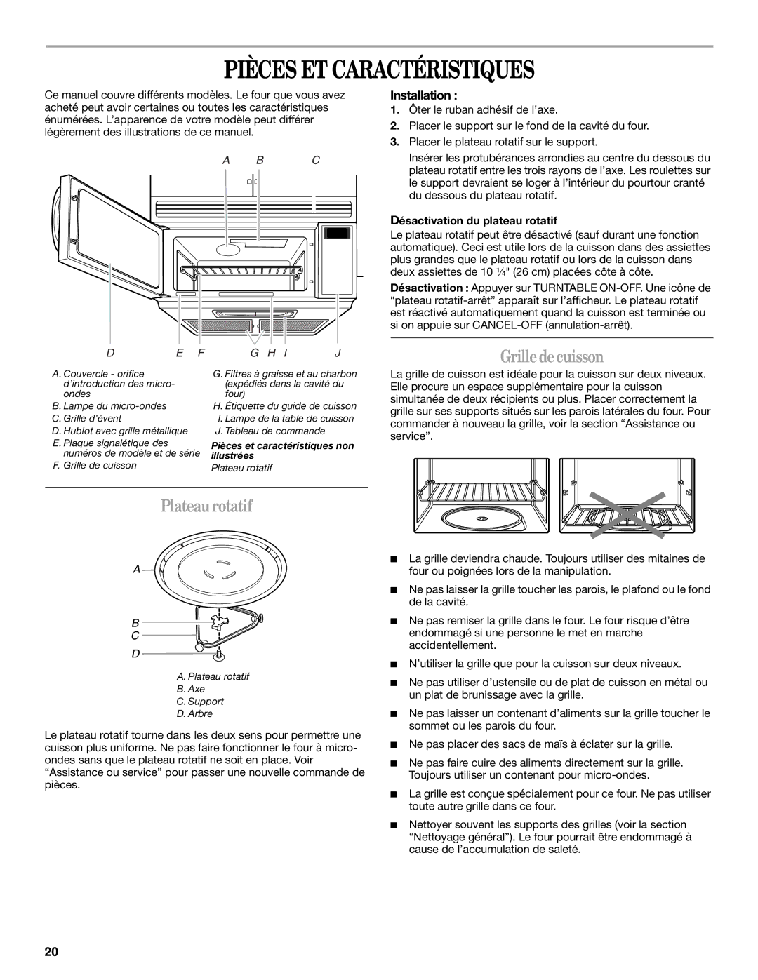 Whirlpool YMH7155XM manual Pièces ET Caractéristiques, Grille decuisson, Plateau rotatif, Installation 