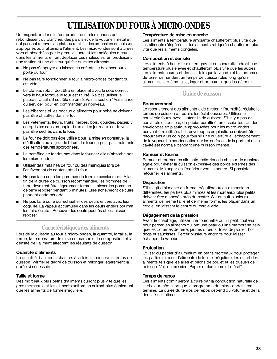 Whirlpool YMH7155XM manual Utilisation DU Four À MICRO-ONDES, Caractéristiques des aliments, Guide de cuisson 