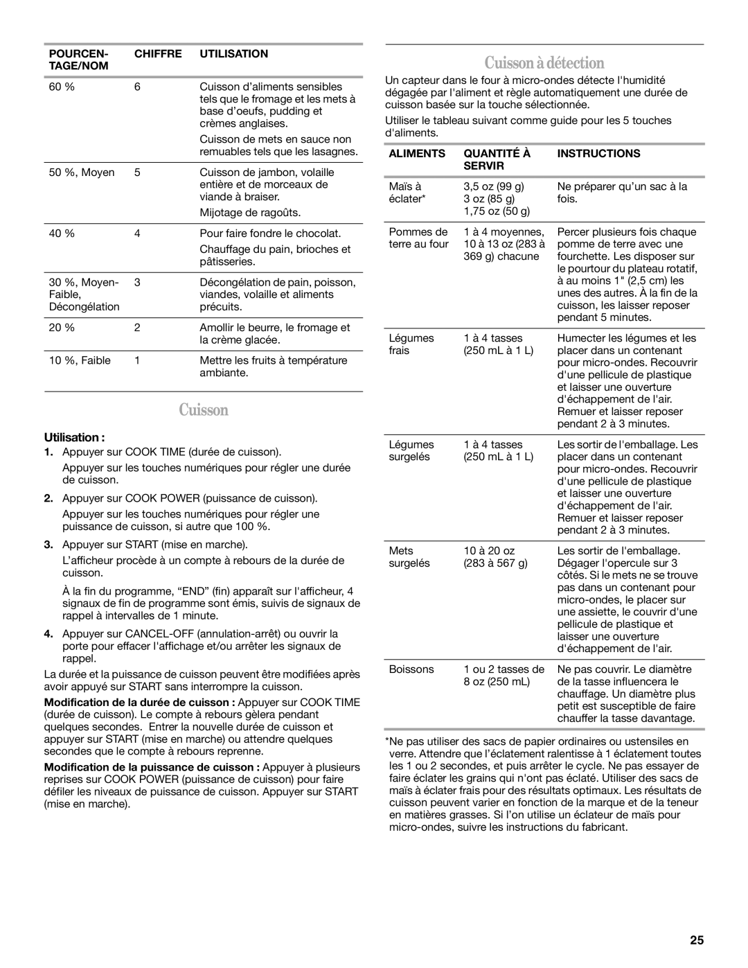 Whirlpool YMH7155XM manual Cuisson à détection, Utilisation, Aliments Quantité À Instructions Servir 